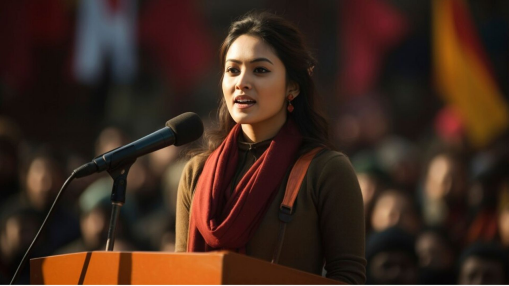 A girl giving her public speech on the dias infront of the audience