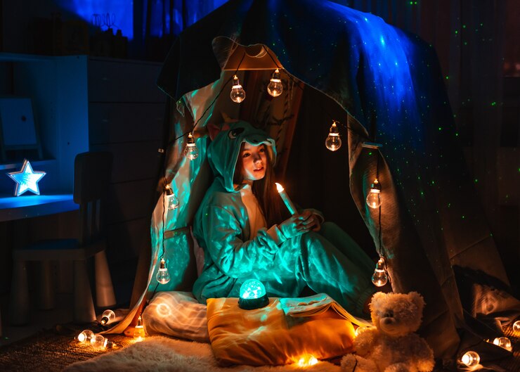 girl sitting in a tent with light bulbs in a quiet place